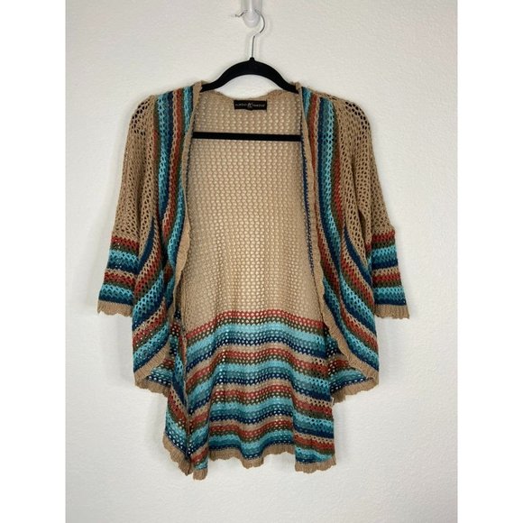 Almost Famous women's small tan rainbow open front crochet knit cardigan sweater - Picture 1 of 5